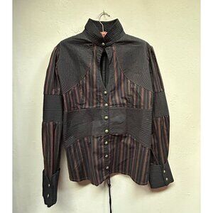 Shawna Hofmann Womens 10 Brown Black Striped Patchwork Blouse Lace-Up Back